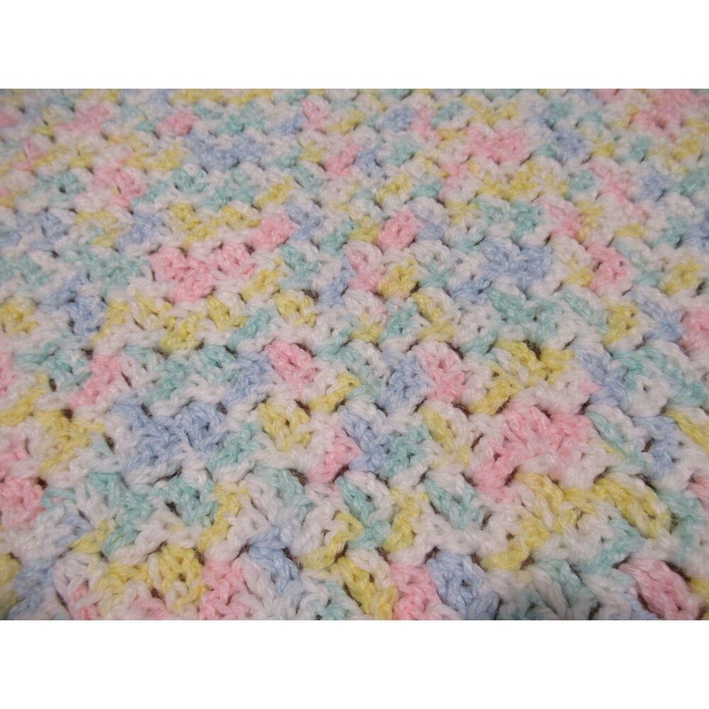 Rainbow Baby Afghan Pink, Yellow, Blue, Green, White w/Scalloped Border 31 x 39 - Picture 2 of 4